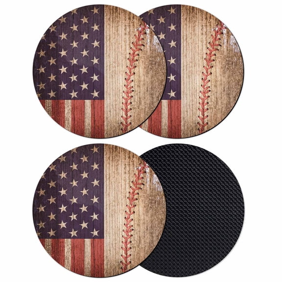 American Flag Vintage Coasters Set of 4, Soft Absorbent Coasters for Drinks, Farmhouse Baseball Blue Red Non-Slip Cup Coaster Mat with Rubber Bottom for Home Kitchen Desk Coffee Bar Table Decor 4"