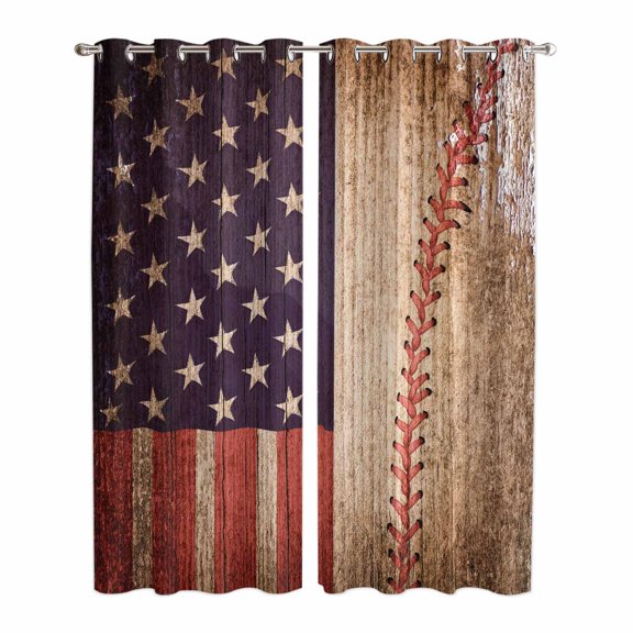 American Flag Vintage Kitchen Curtains 84 Inch Length, Farmhouse Baseball Blue Red Grommet Top Bedroom Living Room Curtains, Light Filtering Cafe Curtain Drapes 2 Panels Set 84''x84''