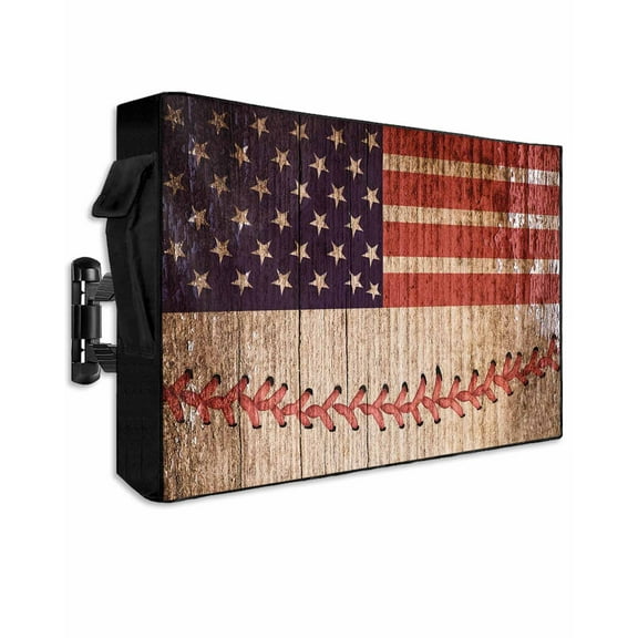 American Flag Vintage Outdoor TV Cover 70 to 75 Inch Weatherproof, Farmhouse Baseball Blue Red 600D Oxford TV Covers with Waterproof Zipper, Outside Flat TV Screen Protector Size 68"W x 42"H x 4.5"D