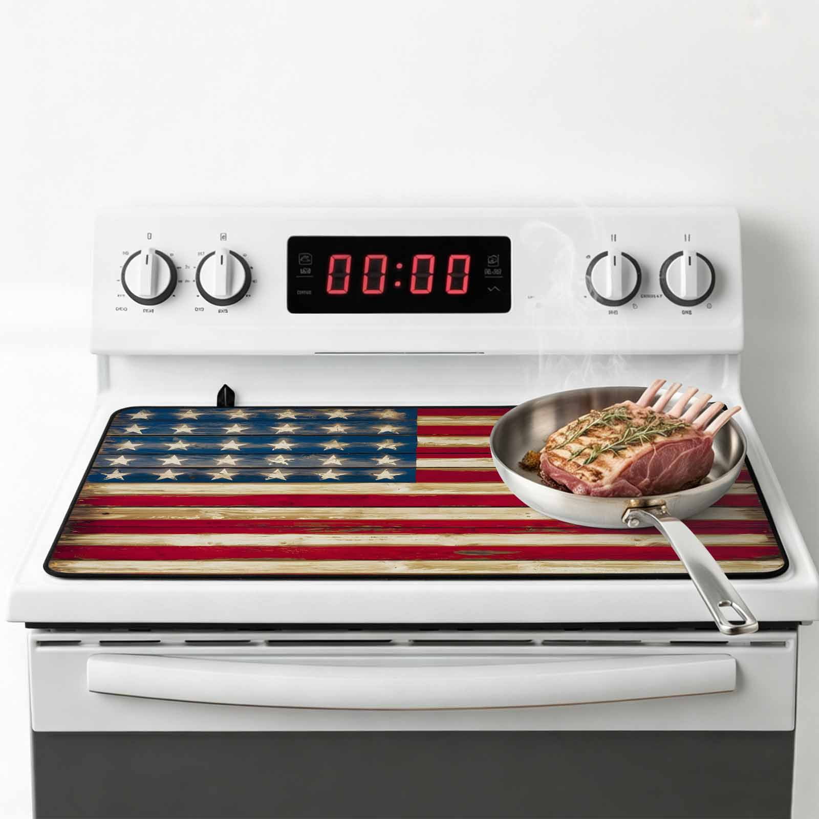 American Flag Vintage Stove Top Cover for Electric Stove, Heat-proof & Non Slip Glass Top Stove Cover Protector, Brown Red Stripes US Flag Kitchen Flat Cooktop Rubber Mat 24x21 Inches