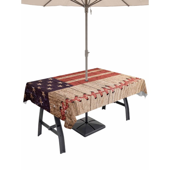 American Flag Vintage Table Cloth Rectangle Outdoor Tablecloth, Farmhouse Baseball Blue Red Waterproof Table Cover with Umbrella Hole and Zipper for Party/Dining/Patio/Wedding 60x120 Inch