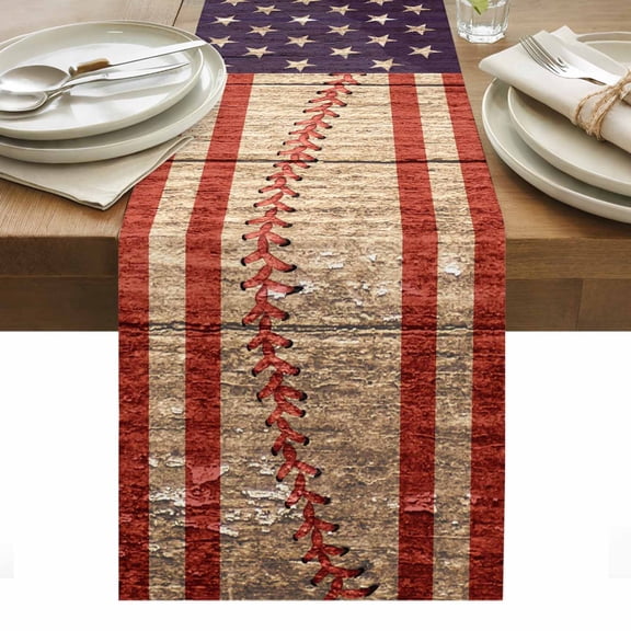 American Flag Vintage Table Runner - 36 Inch Long, Kitchen Dining Table Runner Dresser Scarves, Farmhouse Baseball Blue Red Farmhouse Decor for Coffee Tables Wedding Party Banquet