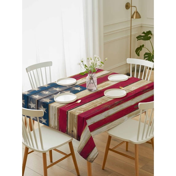 American Flag Vintage Tablecloth Rectangle Table Cloth 52x70,Waterproof Outdoor Table Cloth Covers Decorative Table Protector,Brown Red Stripes US Flag Washable Table Cover for Kitchen Dinning Party