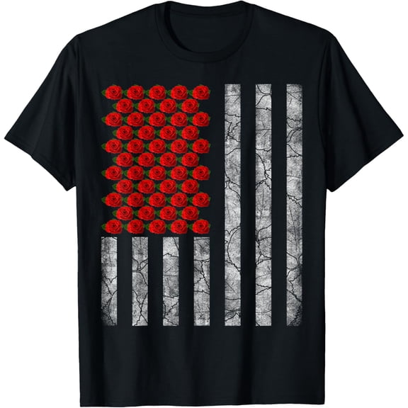 American Flag Vintage USA Loves Floral Red Rose T-Shirt100%cotton