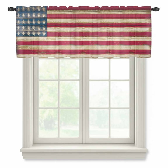 American Flag Vintage Valance Curtains for Kitchen/Living Room/Bathroom/Bedroom Window, Rod Pocket Small Topper Half Short Window Curtains Voile Sheer Scarf, Brown Red Stripes US Flag 42"x12"