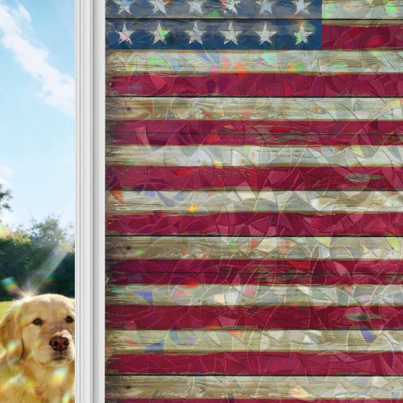 American Flag Vintage Window Privacy Film Stain Glass,Reusable Decorative Rainbow Window Film,Brown Red Stripes US Flag Static Cling Sun Blocking Stickers Decals Covers 17.7" x 39.3" (2pcs)