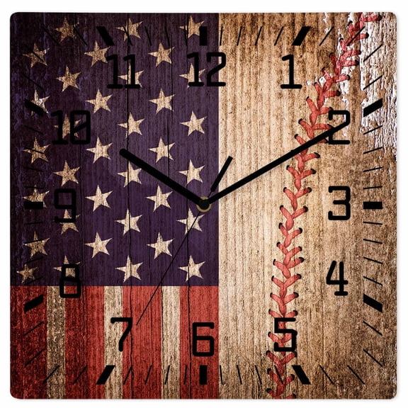 American Flag Vintage Wooden Wall Clock Silent Non Ticking, Farmhouse Baseball Blue Red Square Wall Clocks Battery Operated, Decor Clock for Home Office, Living Room, Kitchen, 10 Inch