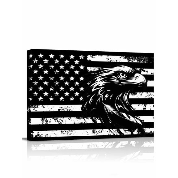 American Flag Wall Art for Living Room, Canvas Picture Wall Decor for Bathroom Bedroom, Black US Flag Eagle Painting Artwork for Office Kitchen Hallway Dining Room Home Decorations 12"x16"