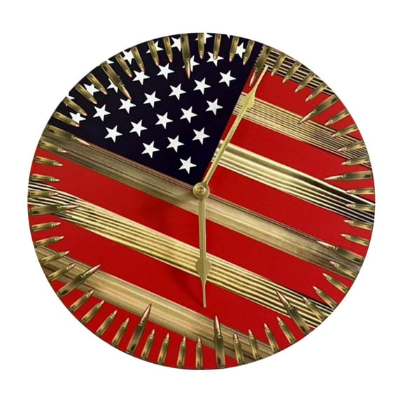 American Flag Wall Clock Battery Operated Wooden Vintage Patriotic Whimsical Analog Clock for Home Office Decor Round Decorative Clock (Red)
