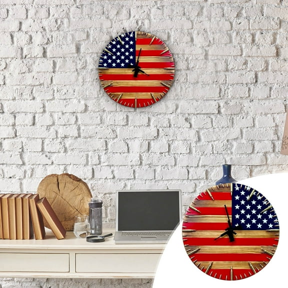 American Flag Wall Clock Vintage Patriotic Whimsical Analog Clock for Home Office Decor Operated Wooden Round Independence Day Clocks for Living Room Bedroom Decor