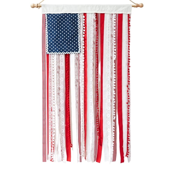 American Flag Wall Hanging, 4 x 2.3 Ft Boho USA Flag, Patriotic Ribbon Banner for 4th of July & Memorial Day, Home, Front Door, Wall Decor & Scene Layout