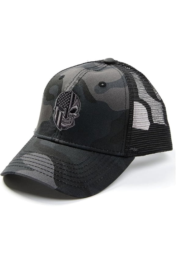 American Flag Warrior Skull Logo Grey Camo Structured Trucker Hat