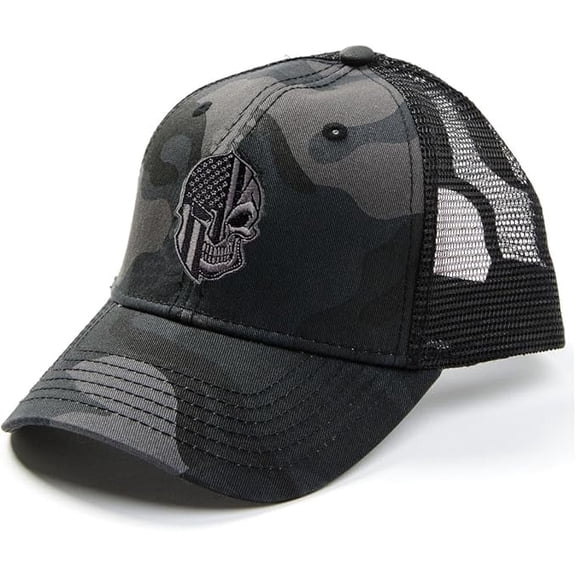 American Flag Warrior Skull Logo Grey Camo Structured Trucker Hat