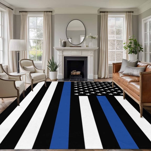 American Flag Washable Area Rug 6 x 9 ft Retro USA Flag Blue Line Black White Striped, Soft Non Slip Rugs Stain Repellent Indoor Felt Carpet for Living Dining Room Bedroom Home Office