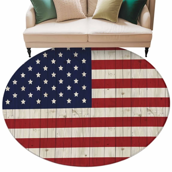 American Flag Washable Area Rug 5 ft Vintage Red White Stripes Blue Stars Wood Grain Soft Round Rugs for Living Room, Non Slip Carpet for Bedroom Entryway Dining Room