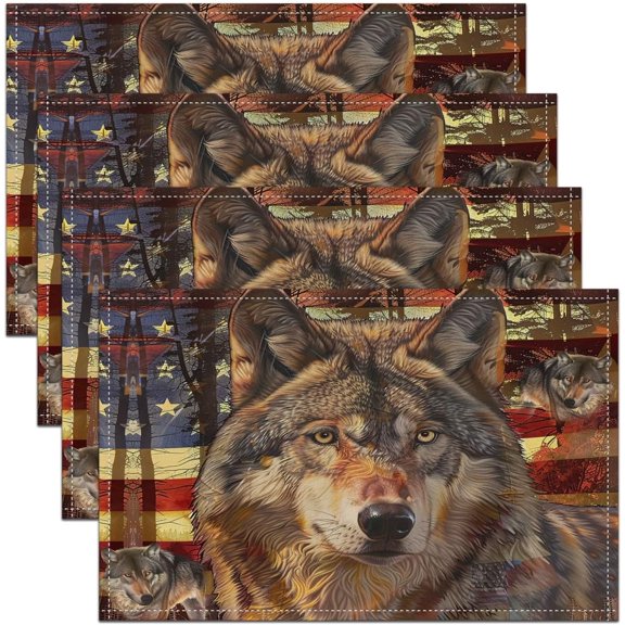 American Flag Washable Fabric Table Mats Placemat Cute Wolf Table Place Mats Animal Wolves Table Mats Kitchen Dinner Indoor Ultra Soft Red Yellow Kitchen Dinner Party Table Mats 18"x12"