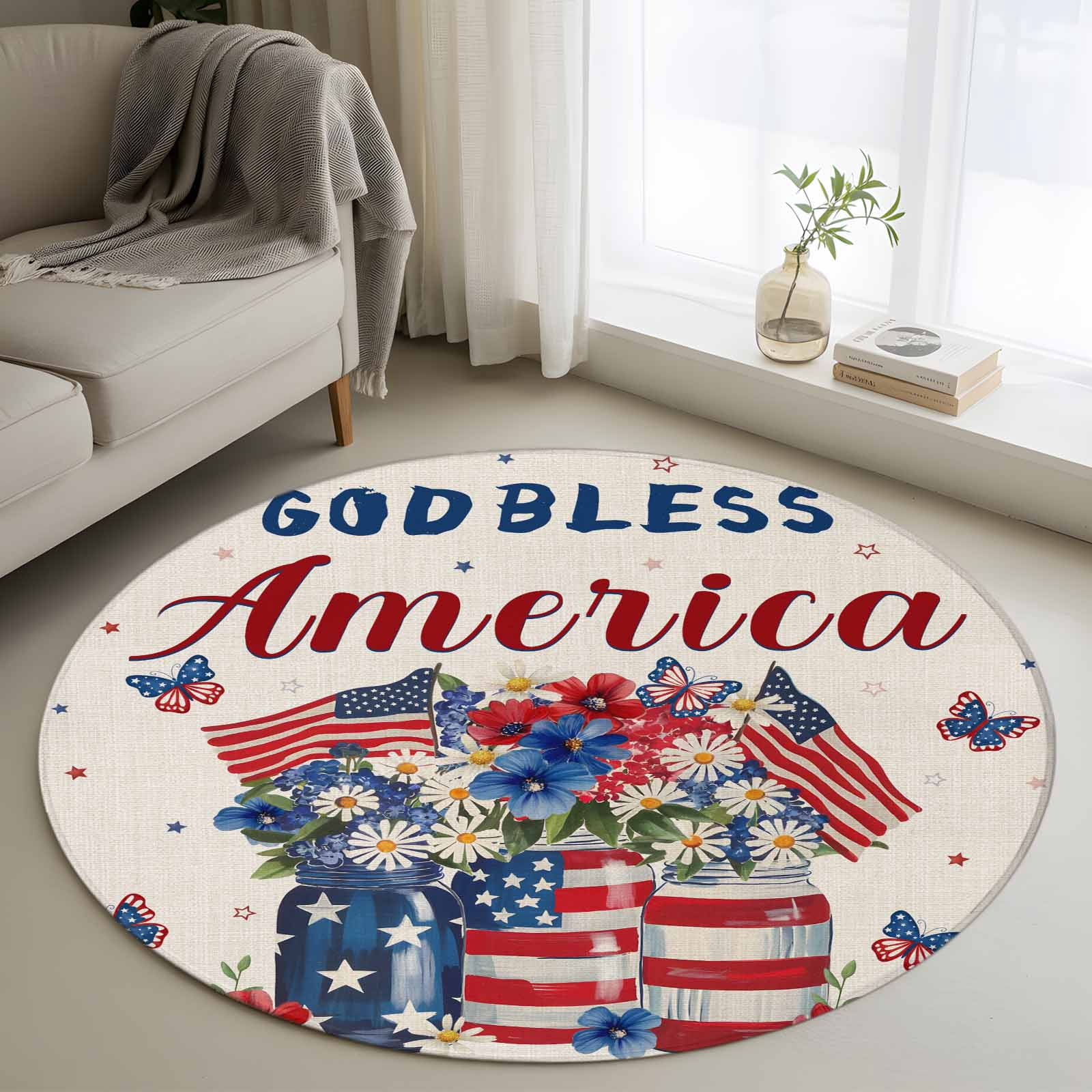 Democrat Rug American Flag Washable Round Area Rug 3.3 ft, Red Blue Flowers ...
