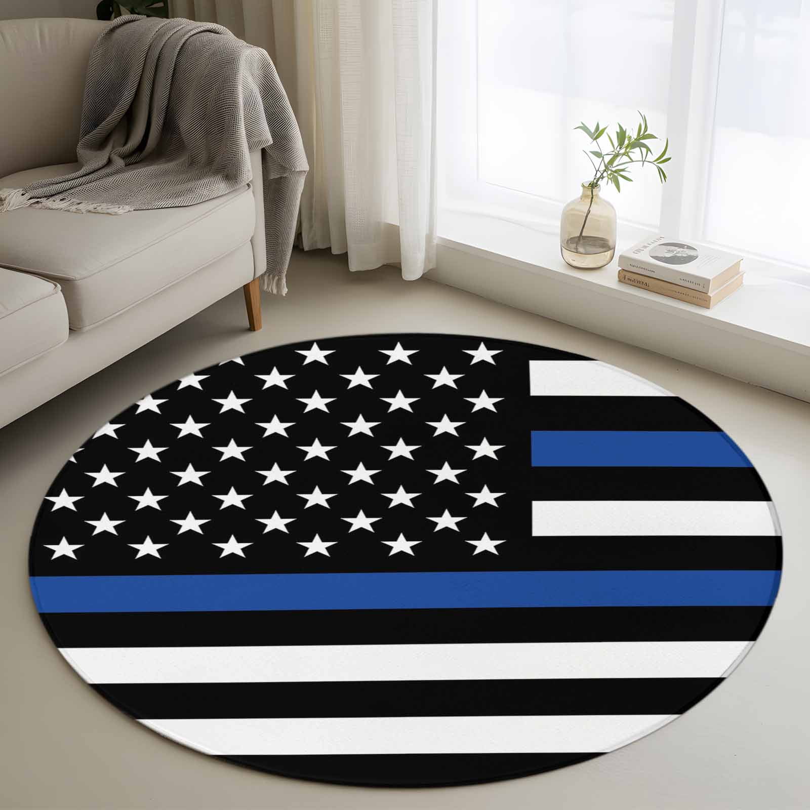 American Flag Washable Round Area Rug 3 ft, Retro USA Flag Blue Line ...