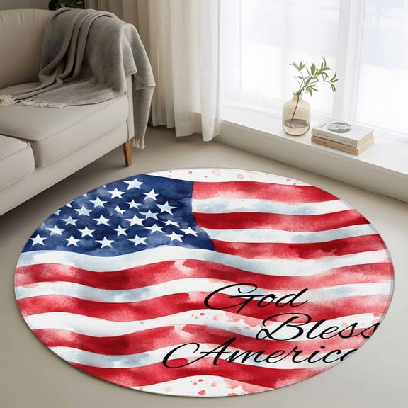 American Flag Washable Round Area Rug 3 ft, Watercolor USA Flag Independence Day Patriotic, Soft Non Slip Rugs Stain Repellent Indoor Felt Carpet for Living Dining Room Bedroom Home Office