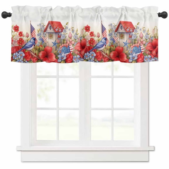 American Flag Watercolor Flowers Curtain Valances for Windows, 4th of July Bird Window Valances, Window Treatment Rod Pocket Valance Curtains for Living Room/Kitchen/Bedroom/Bathroom, 54x18in