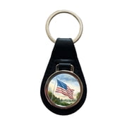 American Flag Waving Watercolor USA United States Metal Black Leather Keychain