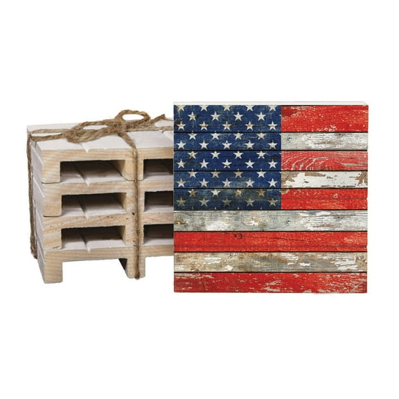 American Flag Weathered Old Glory 4 x 4 Inch Dried Pine Wood Pallet Coaster, Pack of 4