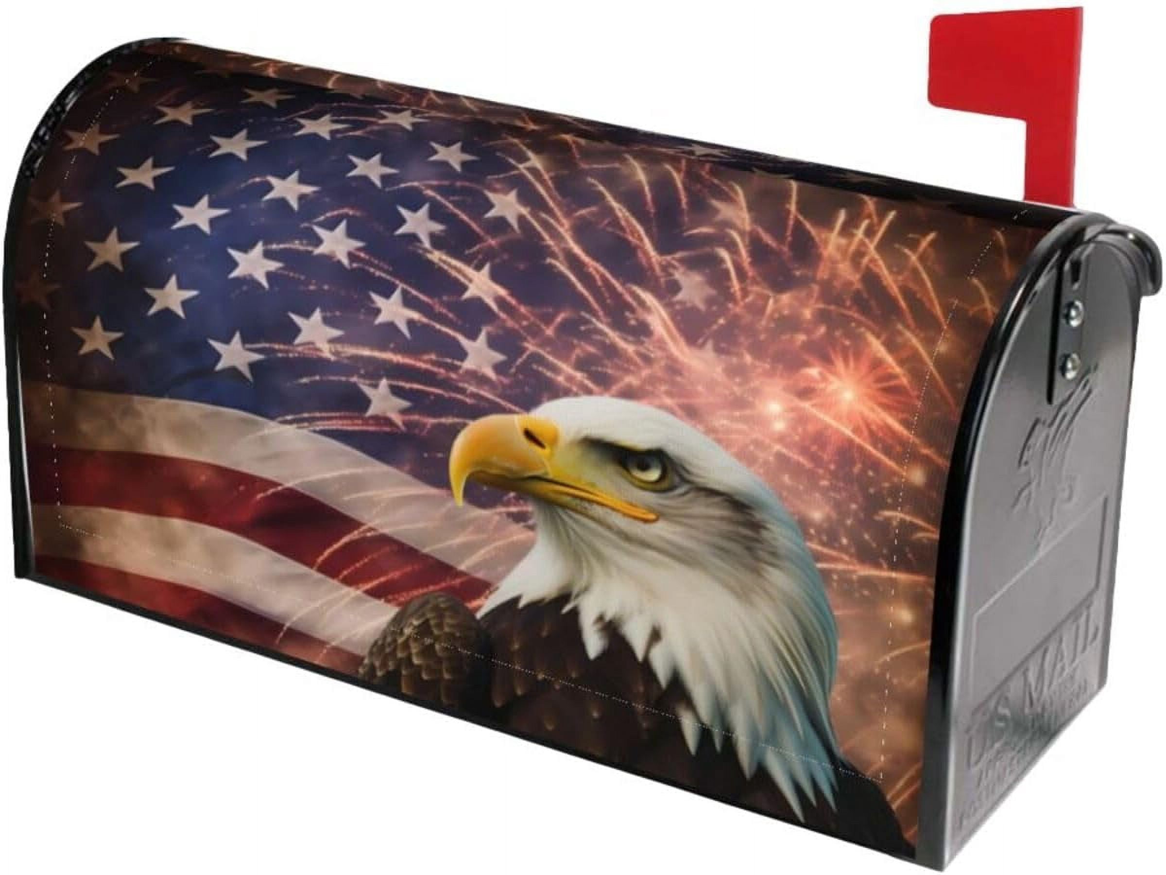 American Flag Welcome Magnetic Mailbox Cover, Firework Eagle Mailbox Wrap Decorative for Garden Yard Home 21x18 in