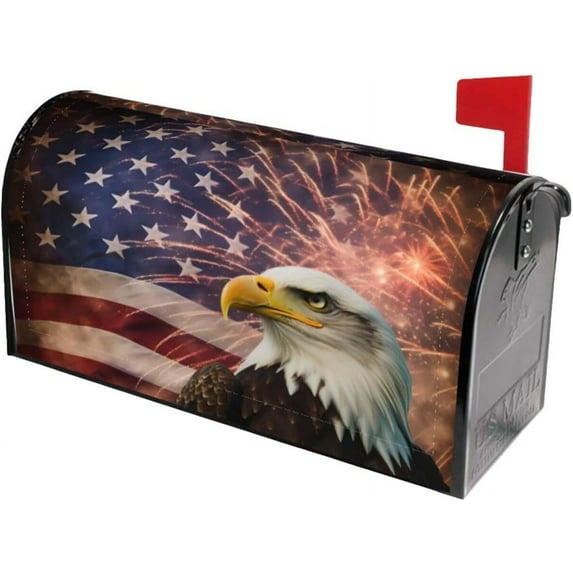 American Flag Welcome Magnetic Mailbox Cover, Firework Eagle Mailbox Wrap Decorative for Garden Yard Home 25.5x21 in