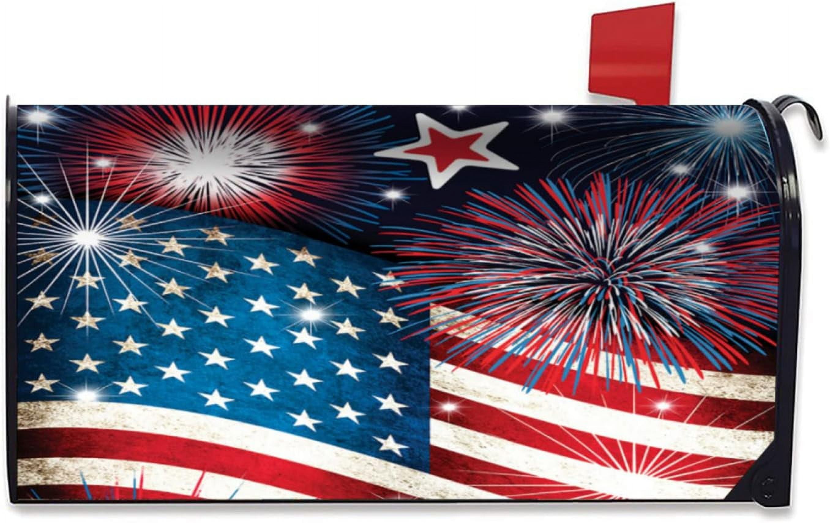 American Flag Welcome Magnetic Mailbox Cover Patriotic Fireworks Independence Day Mailbox Covers Magnetic Large Size 25.5x21 Inch Memorial Day Mailbox Wraps Post Letter Box Cover for Outdoor Decor