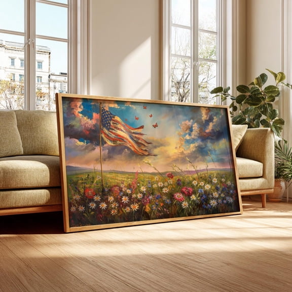 American Flag Wildflower Landscape Art Rustic Patriotic Decor Poster Decor, Unframed Poster Size 12x18 F03.1.22l1301