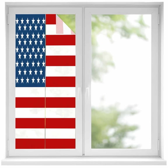 American Flag Window Privacy Film, Blue Red USA Flag Static Cling UV Sun Blocking Heat Control Window Tint Day and Night, Non-Adhesive Reusable One Way Windows Privacy Cover 17.7''x39.3''
