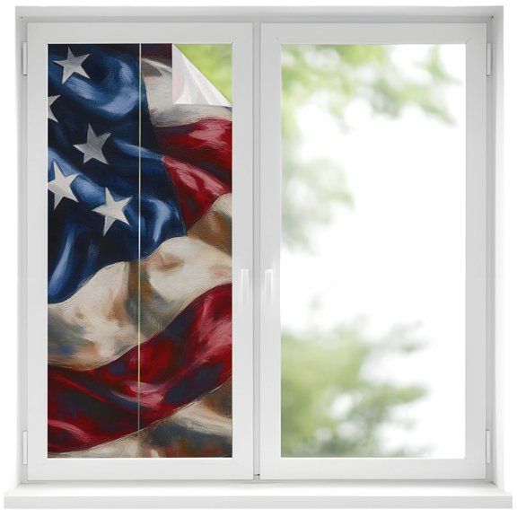 American Flag Window Privacy Film, Independence Day Stars Stripes Ripples Frosted Glass Window Clings Static Cling UV Heat Blocking Reusable Door Sticker for Bathroom 17.7 x 39.3 Inch