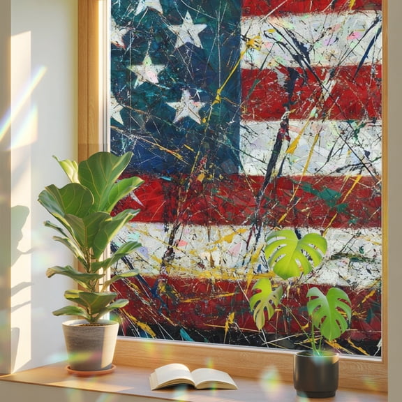 American Flag Window Privacy Film, Splash Graffiti Patriotic Star Stripes Stained Glass Rainbow Film Decorative Window Clings, Static Cling Sun Blocking Stickers 17.7" x 39.3"