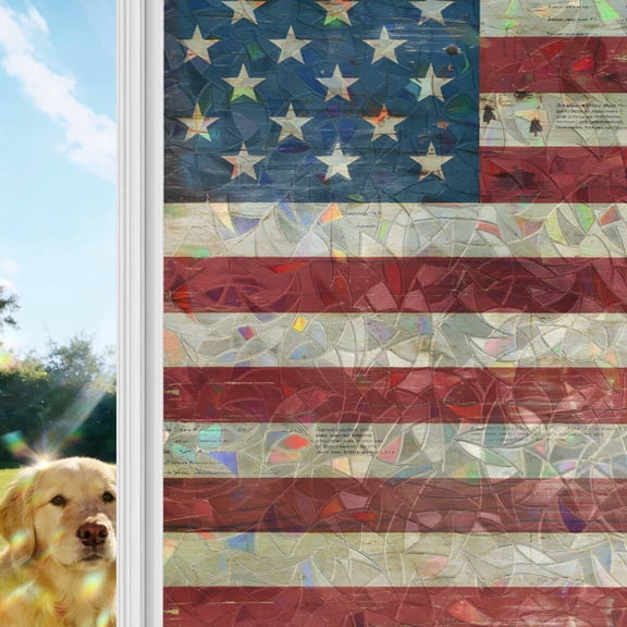 American Flag Window Privacy Film Stain Glass,Reusable Decorative Rainbow Window Film,Red Strip Vintage Shabby US Flag Static Cling Sun Blocking Stickers Decals Covers 17.7" x 39.3" (2pcs)