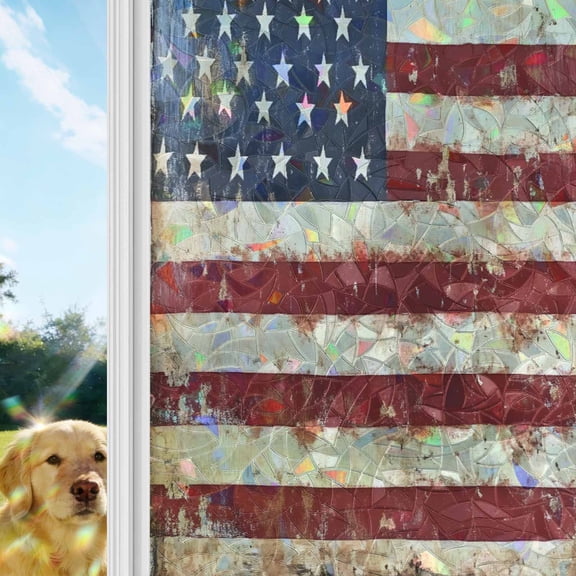 American Flag Window Privacy Film Stain Glass,Reusable Decorative Rainbow Window Film,Vintage Blue Red USA Flag Retro Static Cling Sun Blocking Stickers Decals Covers 17.7" x 39.3" (2pcs)