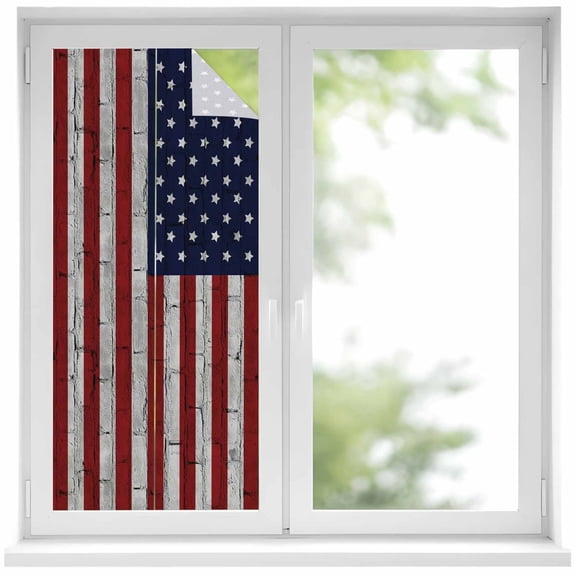 American Flag Window Privacy Film, Vintage Brick Wall Star Striped Red Blue Static Cling UV Sun Blocking Heat Control Window Tint, Non-Adhesive One Way Windows Privacy Cover 19.6''x39.3''