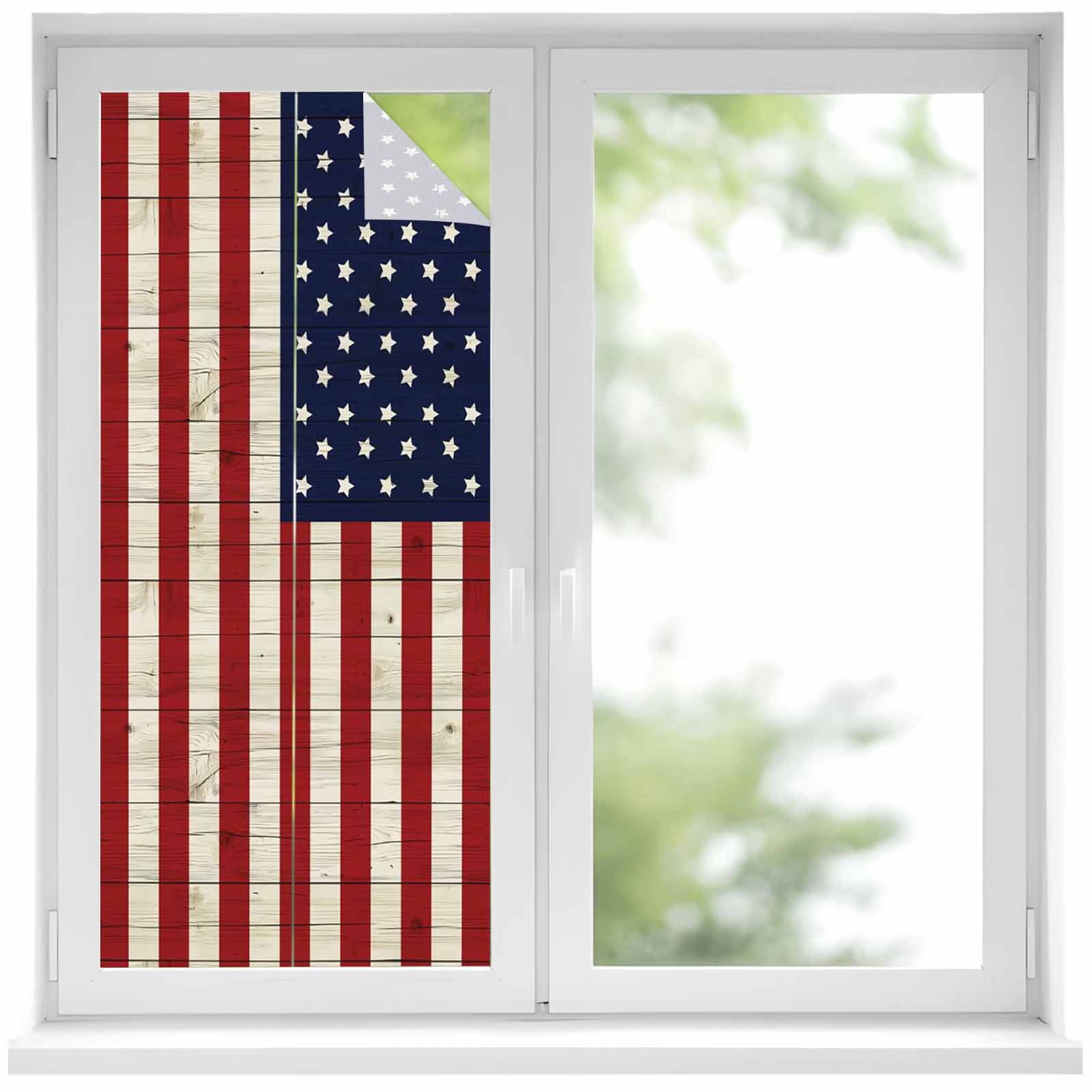 American Flag Window Privacy Film, Vintage Wooden Star Striped Red Blue
