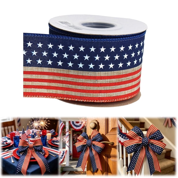 American Flag Wired Ribbon, 10 Yard Split Star & Stripe Ribbon, Half Star Half Stripe Design, Patriotic Ribbon for Wreaths Bows