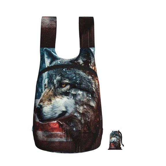 American Flag Wolf Art USA Foldable Storage Backpack Lightweight Packable Travel Daypack for Shopping Commuting Hiking