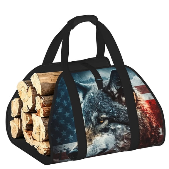 American Flag Wolf Art USA Heavy Duty Firewood Log Carrier Bag, Fireplace Wood Tote with Comfort Handles for Camping Home