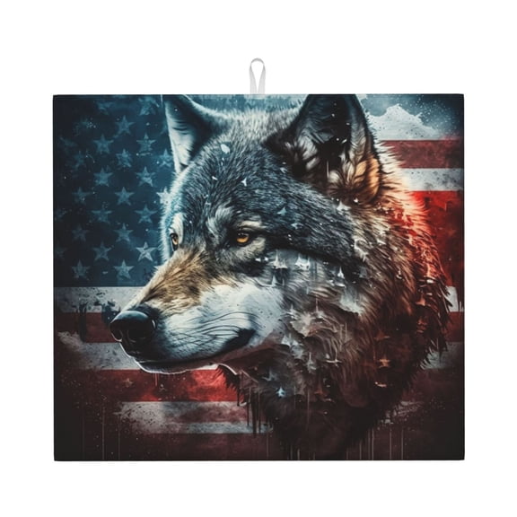 American Flag Wolf Art USA Kitchen Drying Mat 18x16 Inch Ultra Absorbent Countertop Mat Foldable with Hanging Loop