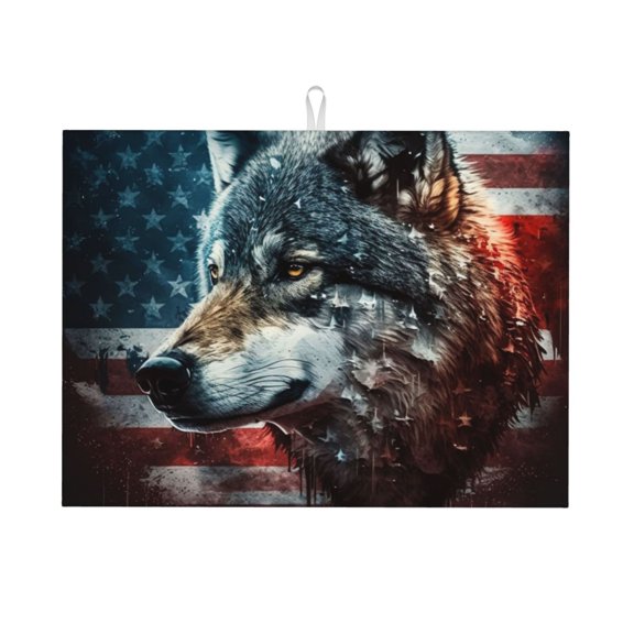 American Flag Wolf Art USA Large Kitchen Drying Mat 18x24 Inch Ultra Absorbent Dish Drying Mats Foldable Countertop Protector