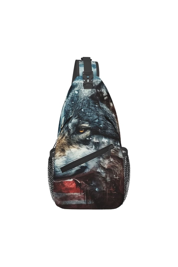 American Flag Wolf Art USA Sling Backpack Shoulder Chest Crossbody Bag Causal Travel Hiking Daypack