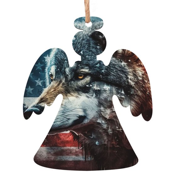 American Flag Wolf Art USA Wooden Christmas Ornament Angel Shape,Xmas Tree Hanging Decoration 6 PCS