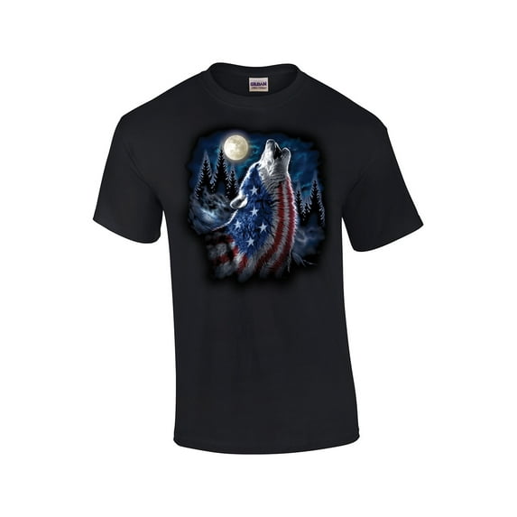 American Flag Wolf Howling Moon Patriotic Adult Short Sleeve T-shirt-Black-Large
