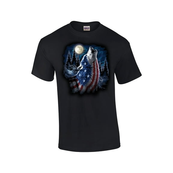 American Flag Wolf Howling Moon Patriotic Adult Short Sleeve T-shirt-Black-XL