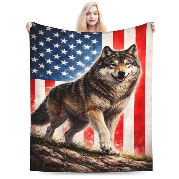 American Flag Wolf Throw Blanket, Patriotic Wildlife Fleece Blanket for Home Decor, Rustic Cabin Style Cozy Throw 50x40