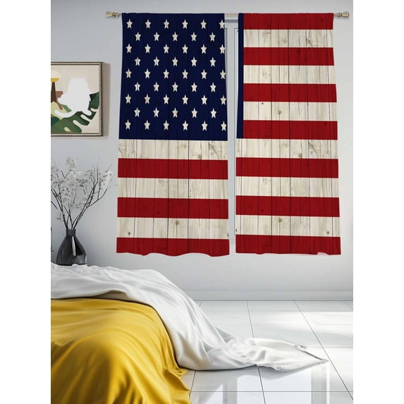 American Flag on Wood Plank Chiffon Sheer Curtains 63 Inches Long ...