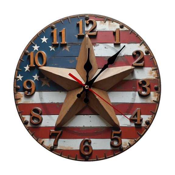 American Flag Wood Star Wall Clock 10 Inch Silent Non Ticking Round Clock Decoration for Living Room Kitchen Bedroom Bathroom Office Classroom