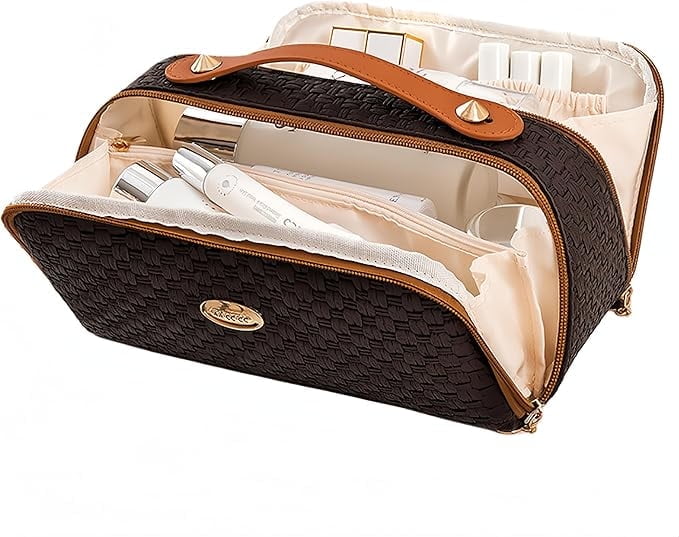 Elegant Women Travel Toiletry Bag , Large Capacity Dual Opening Woven Pattern Waterproof Makeup Cosmetic Bag Travel Organizer-Black